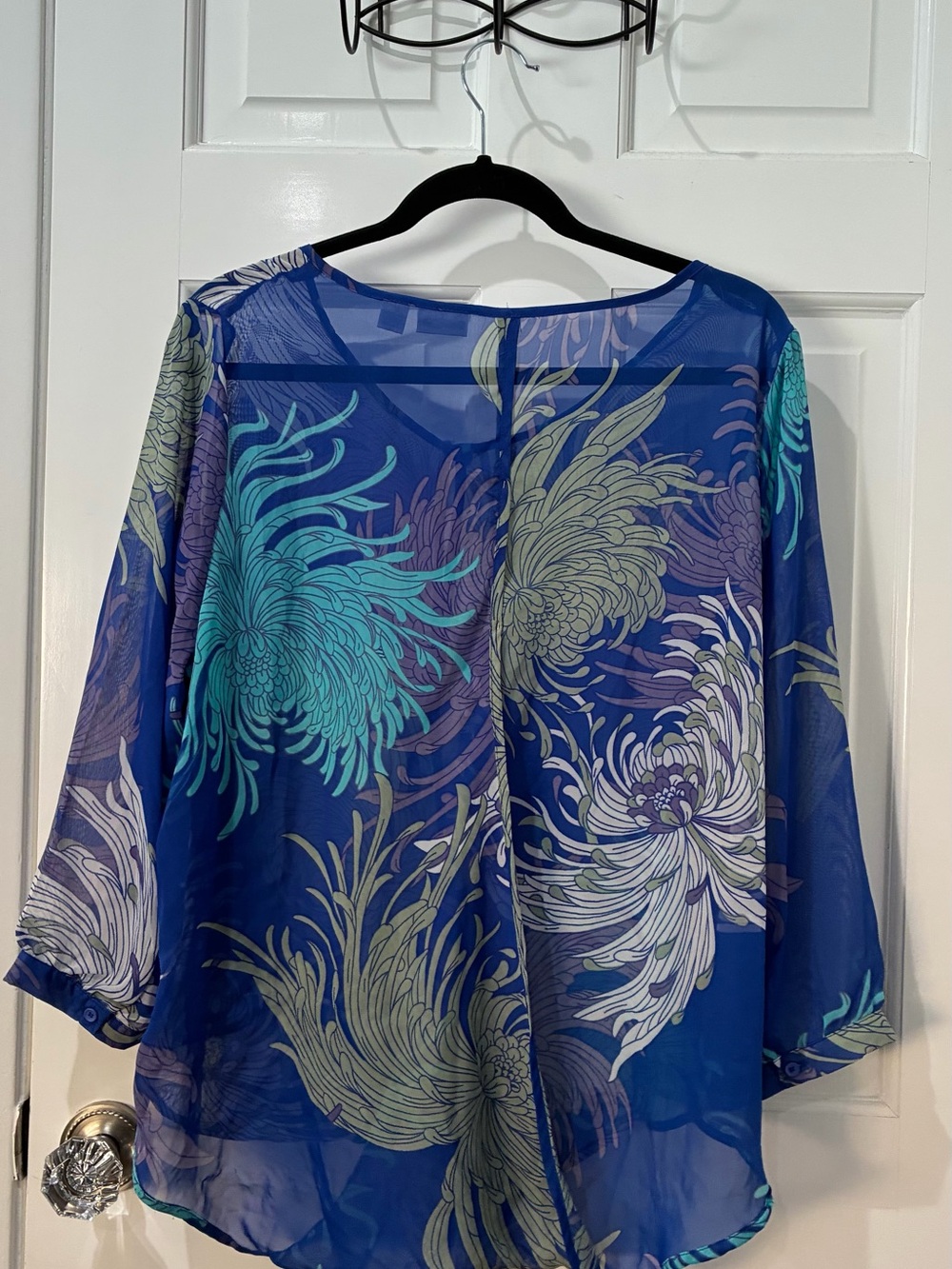 Cato Teal and Blue Floral Sheer Wrap Blouse - Picture 4 of 4